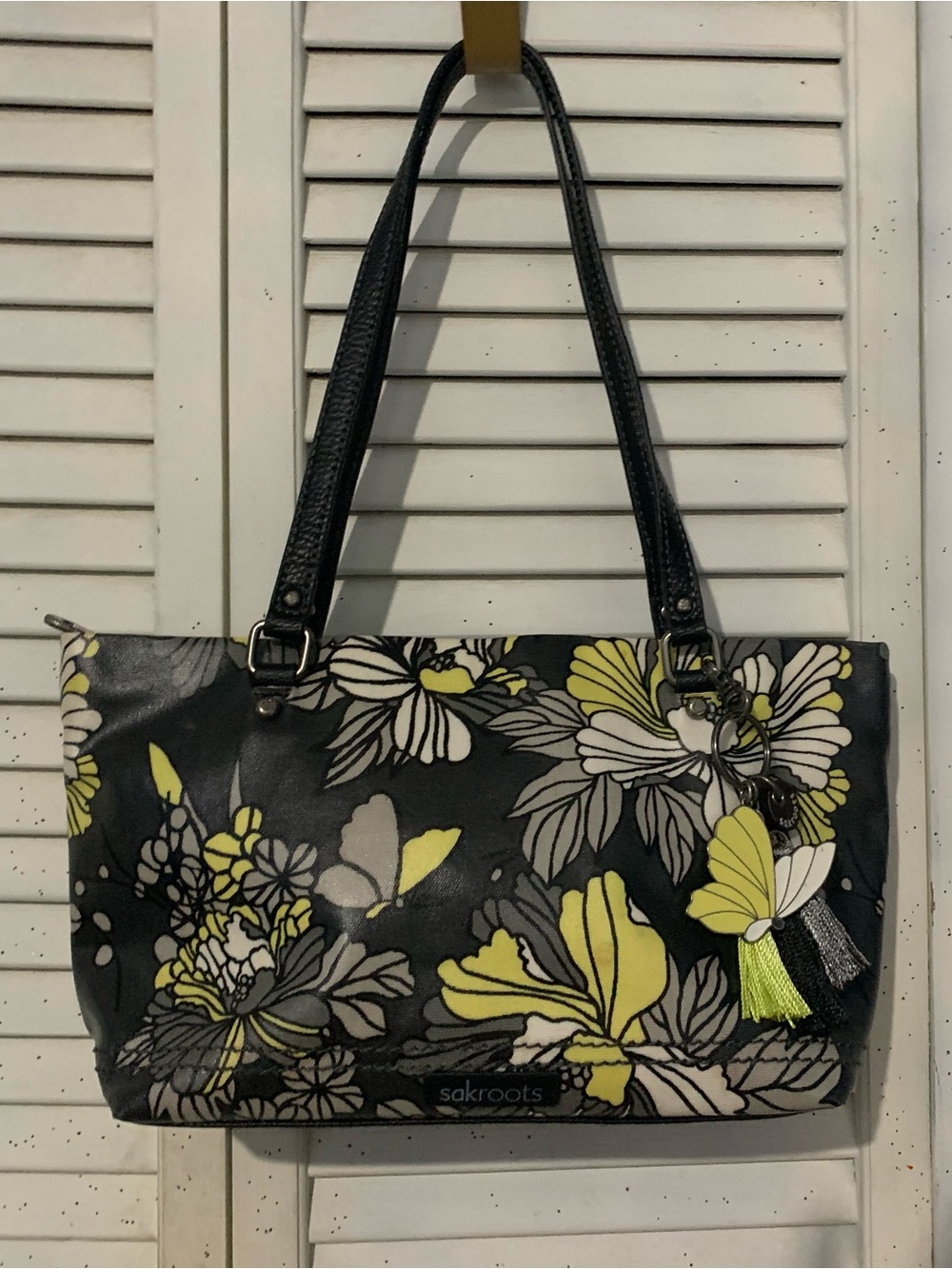 Sakroots Artist Circle Metro Tote/Satchel Slate Flower Blossoms With Charm